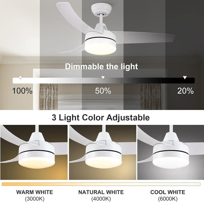 42 in. White Outdoor Ceiling Fan with Remote Control, 3 Blade Modern Ceiling Fan with Light, Quiet Dimmable Ceiling Fan for Living Room Bedroom-3-ErisView