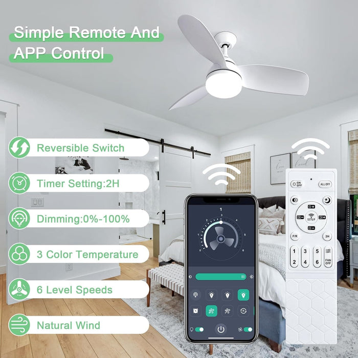 42 in. White Remote Control Ceiling Fan and Light APP Control, Low Profile Reversible Ceiling Fan Winter Summer, Quiet Ceiling Fans for Bedroom Kitchen-6-ErisView