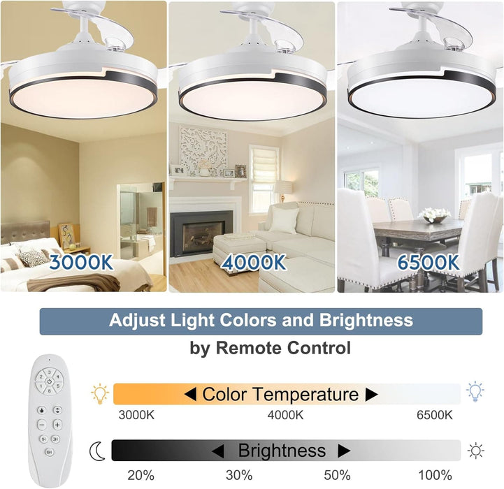 42 in. White Retractable Ceiling Fan with Light for Indoor Bedroom, Modern Dimmable Reversible Quiet Ceiling Fans-2-ErisView