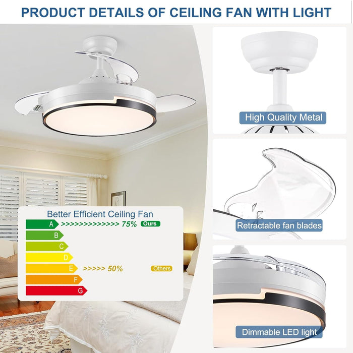42 in. White Retractable Ceiling Fan with Light for Indoor Bedroom, Modern Dimmable Reversible Quiet Ceiling Fans-4-ErisView