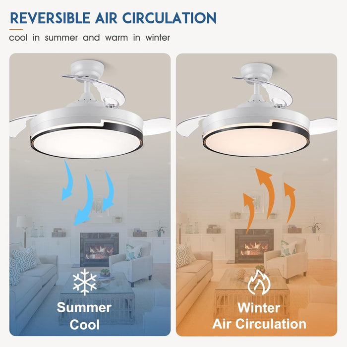 42 in. White Retractable Ceiling Fan with Light for Indoor Bedroom, Modern Dimmable Reversible Quiet Ceiling Fans-6-ErisView