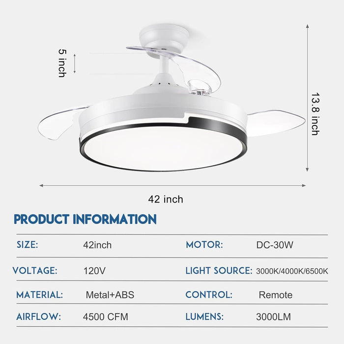 42 in. White Retractable Ceiling Fan with Light for Indoor Bedroom, Modern Dimmable Reversible Quiet Ceiling Fans-9-ErisView