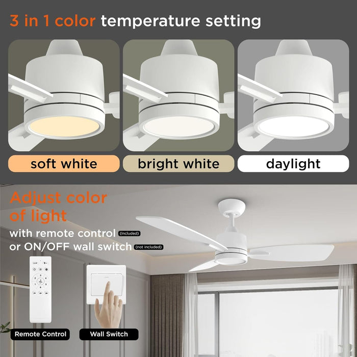 42 in. White Wood Remote Control Ceiling Fan with LED Light, Reversible Quiet Metal Blade Fan for Living Room Bedroom Dining Office Patio Porch-2-ErisView