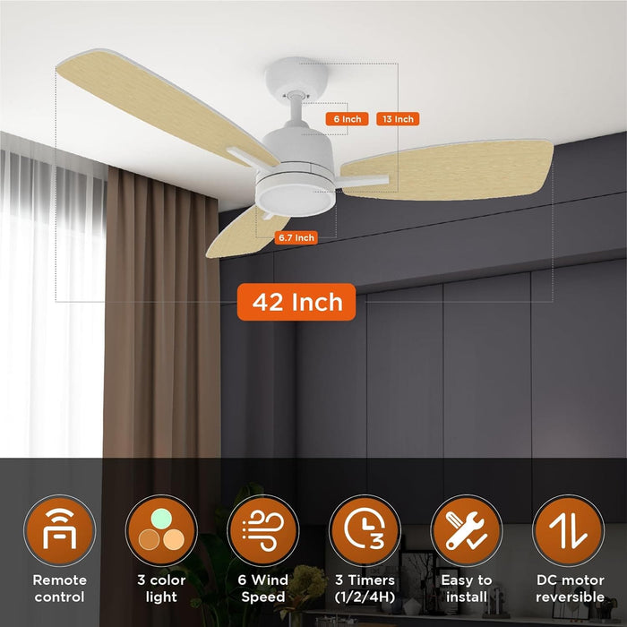 42 in. White Wood Remote Control Ceiling Fan with LED Light, Reversible Quiet Metal Blade Fan for Living Room Bedroom Dining Office Patio Porch-3-ErisView