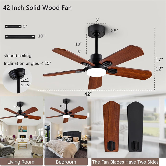 42 in. Wood Ceiling Fan with Light and Remote, 5 Blade Black Outdoor Ceiling Fan for Patio, Indoor Ceiling Fan for Dining Room Living Room-2-ErisView