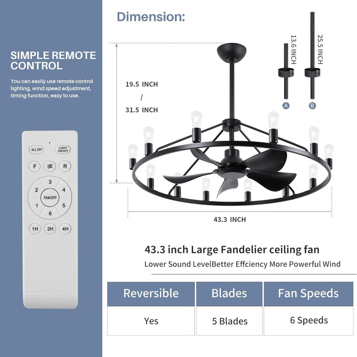 43 in. Black Farmhouse Wagon Wheel Chandelier Ceiling Fan with Light and Remote, 5 Blade Fandelier Ceiling Fan with Lights for Kitchen Living Room -2-ErisView