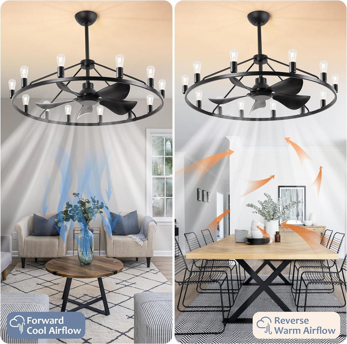 43 in. Black Farmhouse Wagon Wheel Chandelier Ceiling Fan with Light and Remote, 5 Blade Fandelier Ceiling Fan with Lights for Kitchen Living Room -3-ErisView