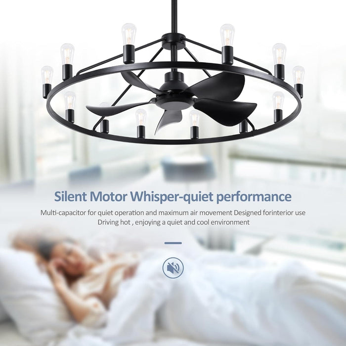 43 in. Black Farmhouse Wagon Wheel Chandelier Ceiling Fan with Light and Remote, 5 Blade Fandelier Ceiling Fan with Lights for Kitchen Living Room -4-ErisView
