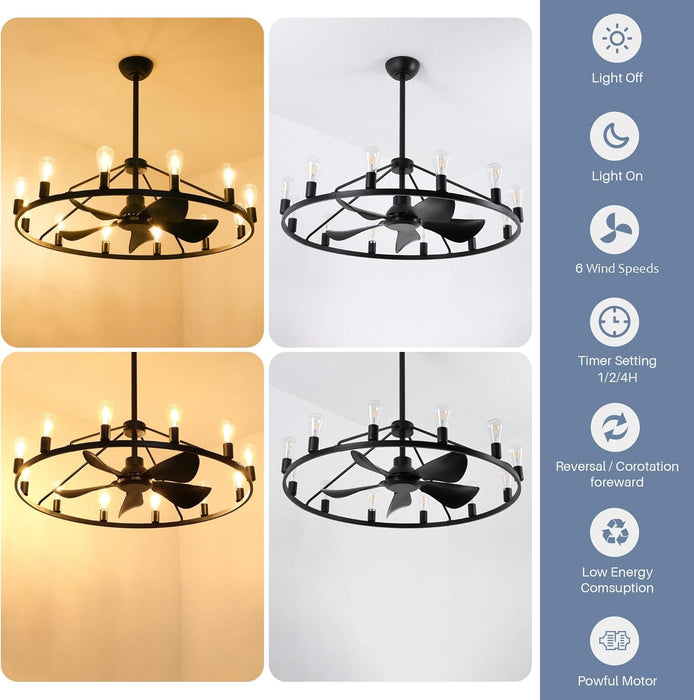 43 in. Black Farmhouse Wagon Wheel Chandelier Ceiling Fan with Light and Remote, 5 Blade Fandelier Ceiling Fan with Lights for Kitchen Living Room -5-ErisView
