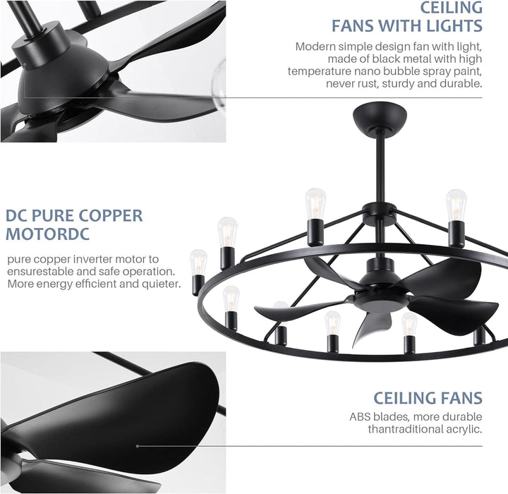 43 in. Black Farmhouse Wagon Wheel Chandelier Ceiling Fan with Light and Remote, 5 Blade Fandelier Ceiling Fan with Lights for Kitchen Living Room -6-ErisView