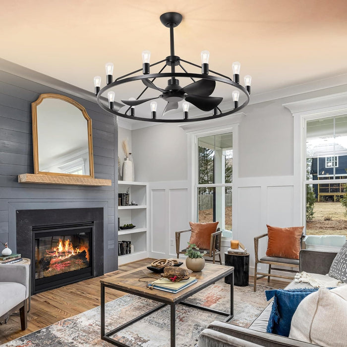 43 in. Black Farmhouse Wagon Wheel Chandelier Ceiling Fan with Light and Remote, 5 Blade Fandelier Ceiling Fan with Lights for Kitchen Living Room -7-ErisView