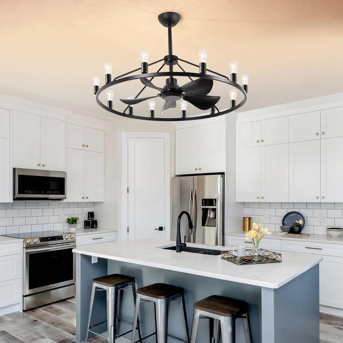 43 in. Black Farmhouse Wagon Wheel Chandelier Ceiling Fan with Light and Remote, 5 Blade Fandelier Ceiling Fan with Lights for Kitchen Living Room -8-ErisView