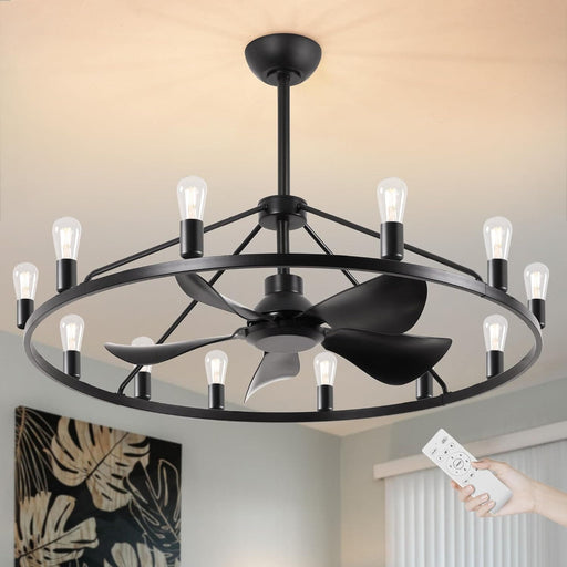 43 in. Black Farmhouse Wagon Wheel Chandelier Ceiling Fan with Light and Remote, 5 Blade Fandelier Ceiling Fan with Lights for Kitchen Living Room -1-ErisView