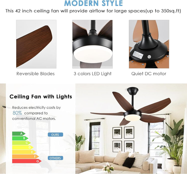 43 in. Dimmable Low Profile Reversible DC Ceiling Fan with Remote APP Control, Indoor Outdoor Brown Modern Ceiling Fan with Light-5-ErisView