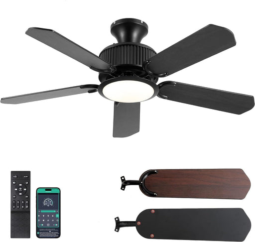 44 in. Black Low Profile Flush Mount Ceiling Fan, Outdoor Ceiling Fan with Light and APP Remote Control, Outdoor Farmhouse Ceiling Fan with Light-1-ErisView