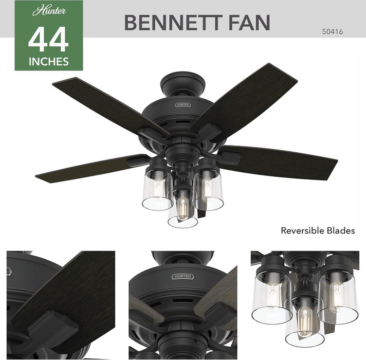 44 in. Matte Black Ceiling Fan with LED Light Kit and Handheld Remote, Hugger Ceiling Fan with Light-2-ErisView