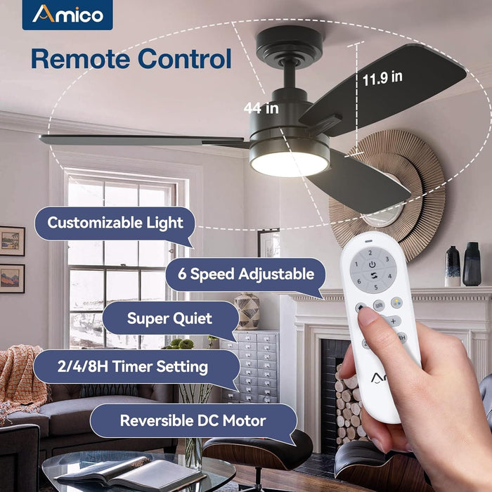 44 in. Small Outdoor Ceiling Fan with Light and Remote, Reversible Dimmable Noiseless Ceiling Fan, Black Indoor Outdoor Ceiling Fans-2-ErisView