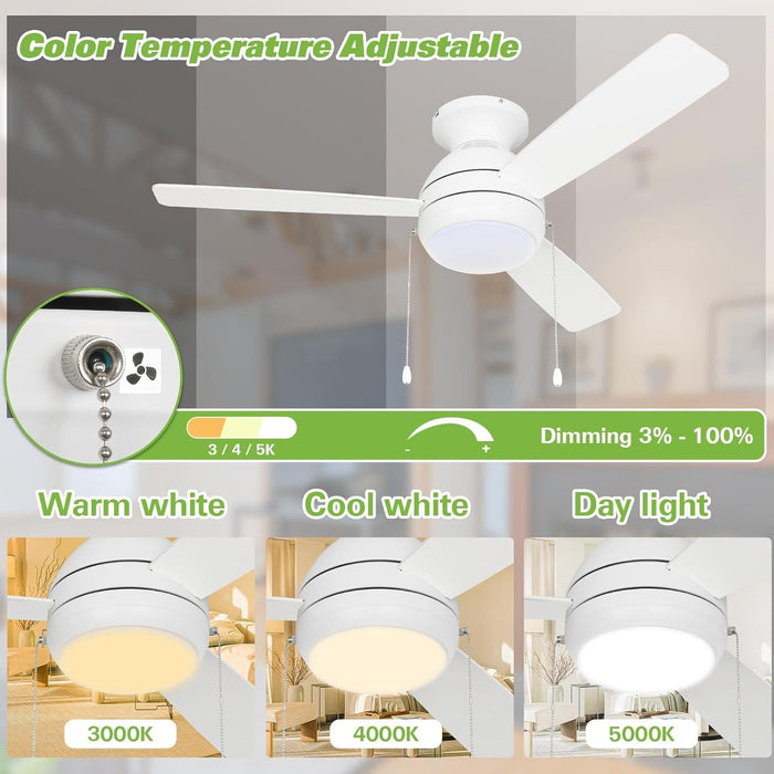 44 in. White Flush Mount Ceiling Fan with LED Light, Pull Chain, Quiet Reversible Ceiling Fan Summer Winter, Low Profile Ceiling Fan -2-ErisView