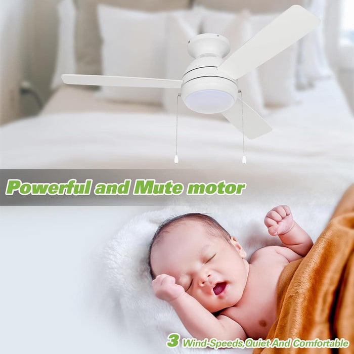 44 in. White Flush Mount Ceiling Fan with LED Light, Pull Chain, Quiet Reversible Ceiling Fan Summer Winter, Low Profile Ceiling Fan -4-ErisView