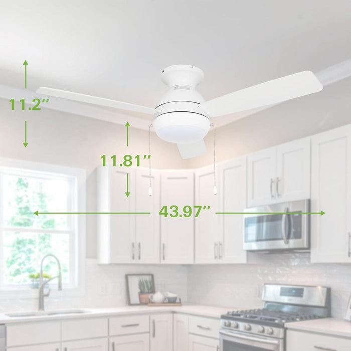 44 in. White Flush Mount Ceiling Fan with LED Light, Pull Chain, Quiet Reversible Ceiling Fan Summer Winter, Low Profile Ceiling Fan -6-ErisView
