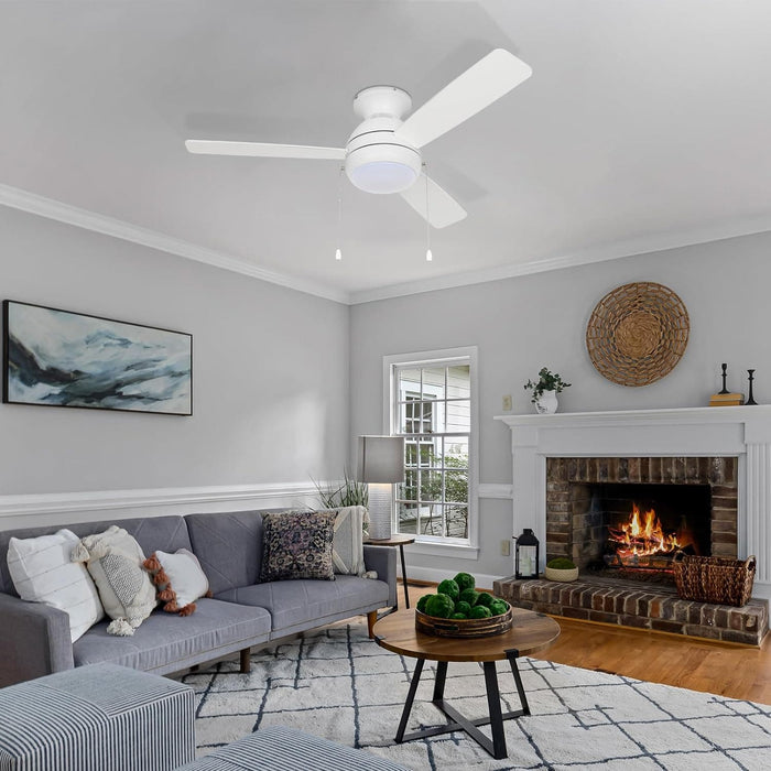 44 in. White Flush Mount Ceiling Fan with LED Light, Pull Chain, Quiet Reversible Ceiling Fan Summer Winter, Low Profile Ceiling Fan -8-ErisView