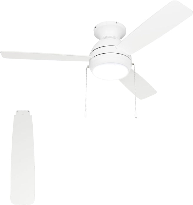 44 in. White Flush Mount Ceiling Fan with LED Light, Pull Chain, Quiet Reversible Ceiling Fan Summer Winter, Low Profile Ceiling Fan -1-ErisView