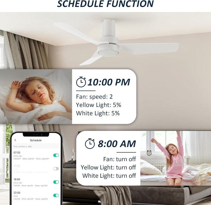 44 in. White Flush Mount Indoor Ceiling Fan, Glam Ceiling Fan, Smart Fans with Remote Voice Google Assistant Alexa Siri Shortcut Control-4-ErisView
