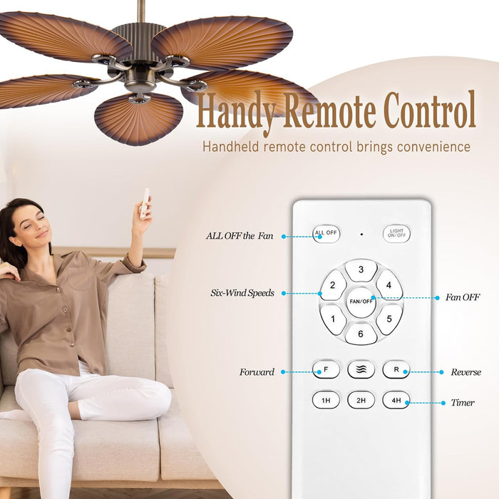 52 in. Indoor Outdoor Ceiling Fan Without Lights, Tropical Coffee Finish Palm Leaf Blades Remote Control, Reversible Quiet Motor, for Patio, Porch, Living Room Low Profile Ceiling Fan