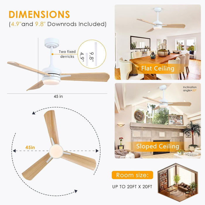 45 in. Wood Ceiling Fan with Remote Control, Farmhouse Low Profile Ceiling Fan for Bedroom Living Room-14-ErisView