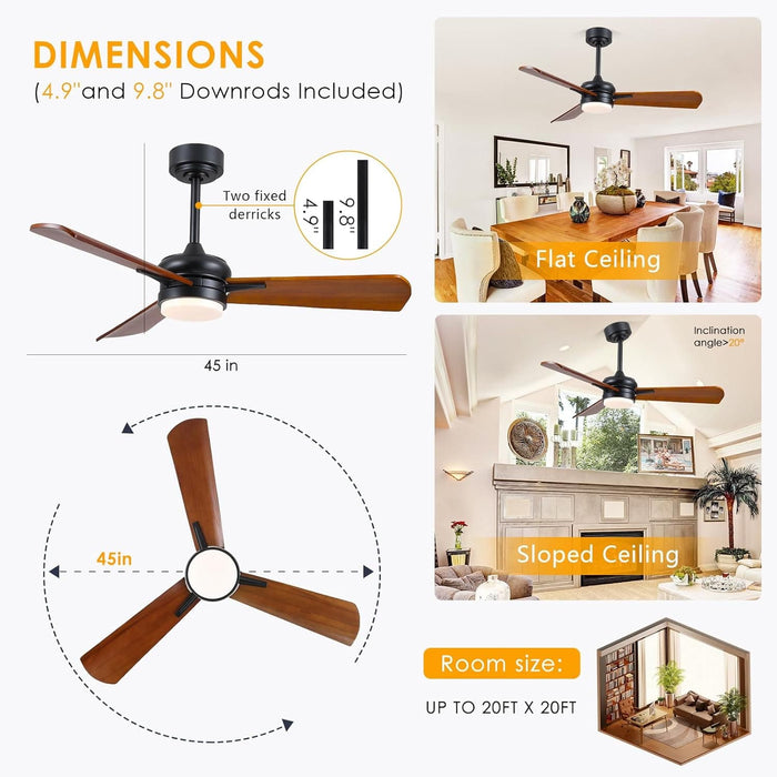 45 in. Wood Ceiling Fan with Remote Control, Farmhouse Low Profile Ceiling Fan for Bedroom Living Room-5-ErisView