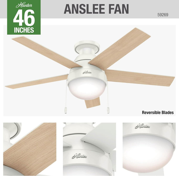 46 in. White Indoor Low Profile Ceiling Fan with LED Light and Pull Chain Control, Hugger Ceiling Fans-2-ErisView