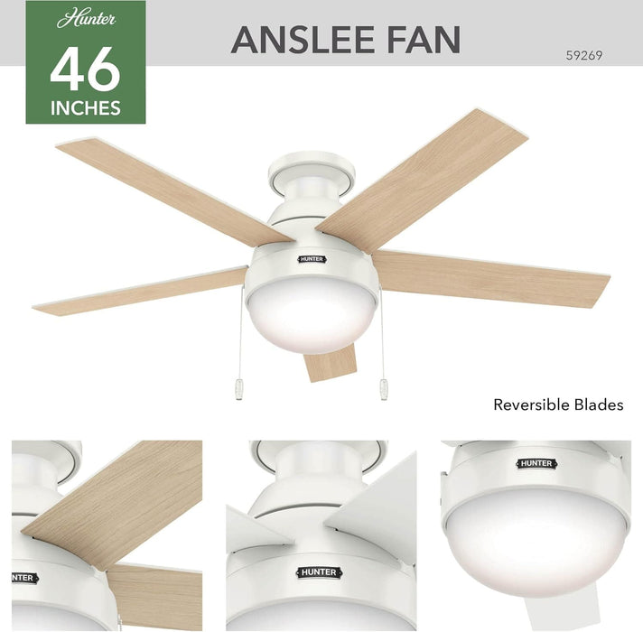 46 in. White Indoor Low Profile Ceiling Fan with LED Light and Pull Chain Control, Hugger Ceiling Fans-3-ErisView