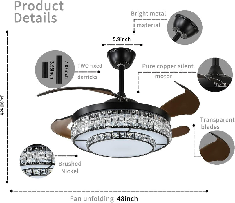 48 in. Ceiling Fan with Light, Modern Ceiling Fan with Remote, Quiet Ceiling Fan for Bedroom, Retractable Blade Ceiling Fan for Summer Winter -2-ErisView