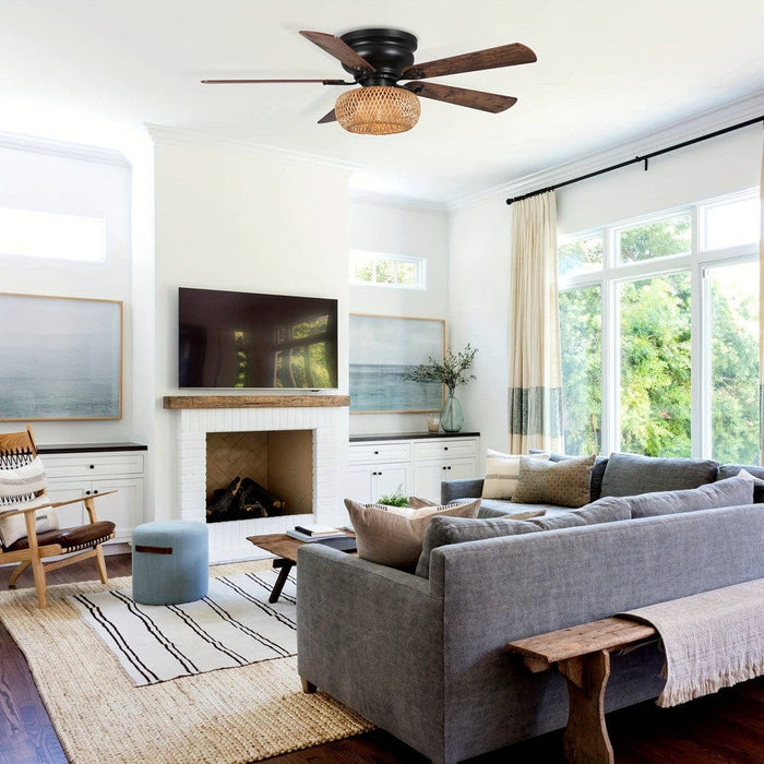 48 in. 5-Blade Low Profile Flush Mount Ceiling Fan with Bamboo Shade, Farmhouse Ceiling Fan for Living Room-ErisView