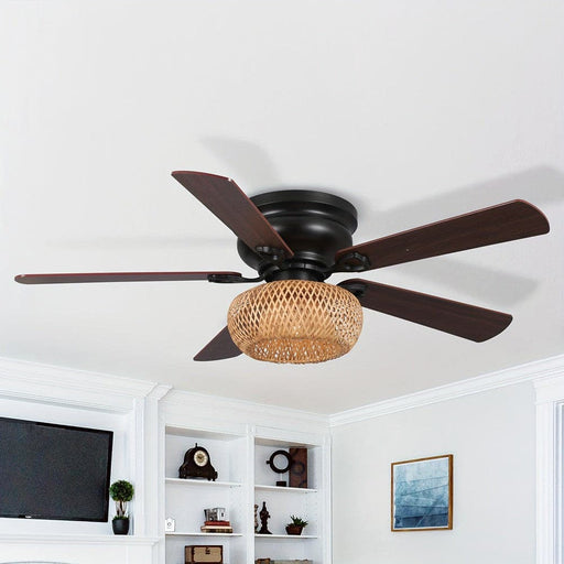 48 in. 5-Blade Low Profile Flush Mount Ceiling Fan with Bamboo Shade, Farmhouse Ceiling Fan for Living Room-ErisView
