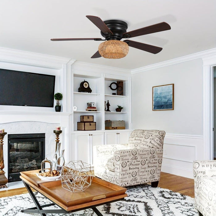 48 in. Bamboo Shade Flush Mount Ceiling Fan with Light Kit, Farmhouse 5-Blade Ceiling Fan ErisView