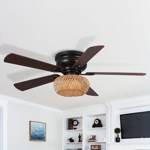 48 in. Bamboo Shade Flush Mount Ceiling Fan with Light Kit, Farmhouse 5-Blade Ceiling Fan ErisView