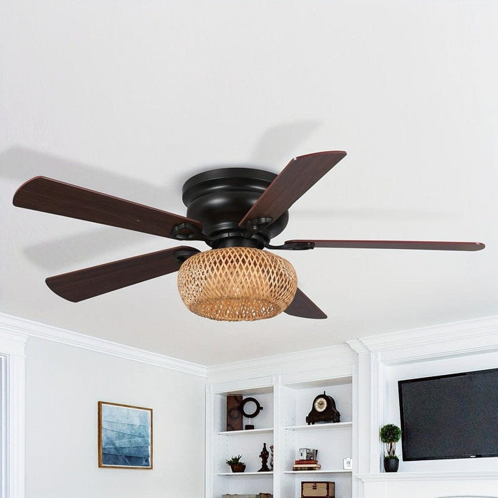48 in. Bamboo Shade Flush Mount Ceiling Fan with Light Kit, Farmhouse 5-Blade Ceiling Fan ErisView