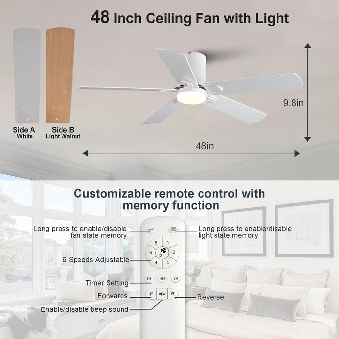 48 in. Black Flush Mount Low Profile Bedroom Ceiling Fans with Lights, Outdoor Remote Control Fan for Patio Porch Garage, Reversible Fan in Winter Summer-15-ErisView