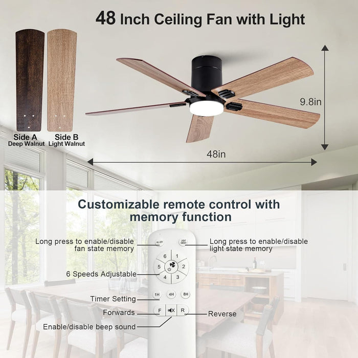 48 in. Black Flush Mount Low Profile Bedroom Ceiling Fans with Lights, Outdoor Remote Control Fan for Patio Porch Garage, Reversible Fan in Winter Summer-7-ErisView