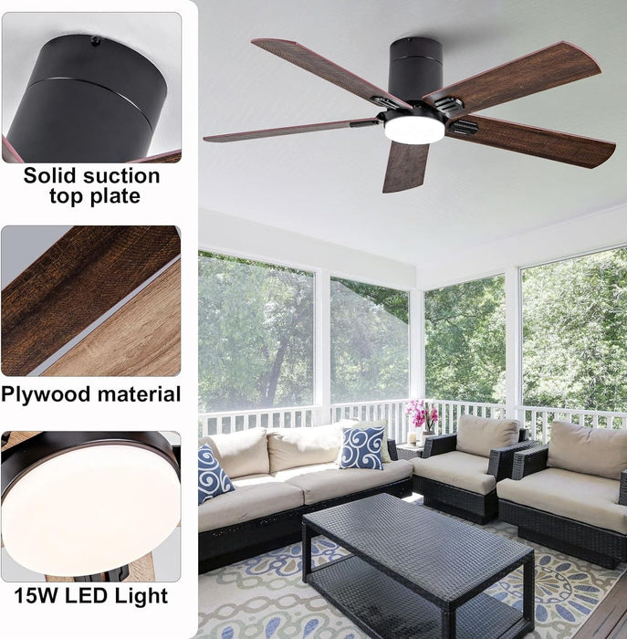 48 in. Black Flush Mount Low Profile Bedroom Ceiling Fans with Lights, Outdoor Remote Control Fan for Patio Porch Garage, Reversible Fan in Winter Summer-8-ErisView