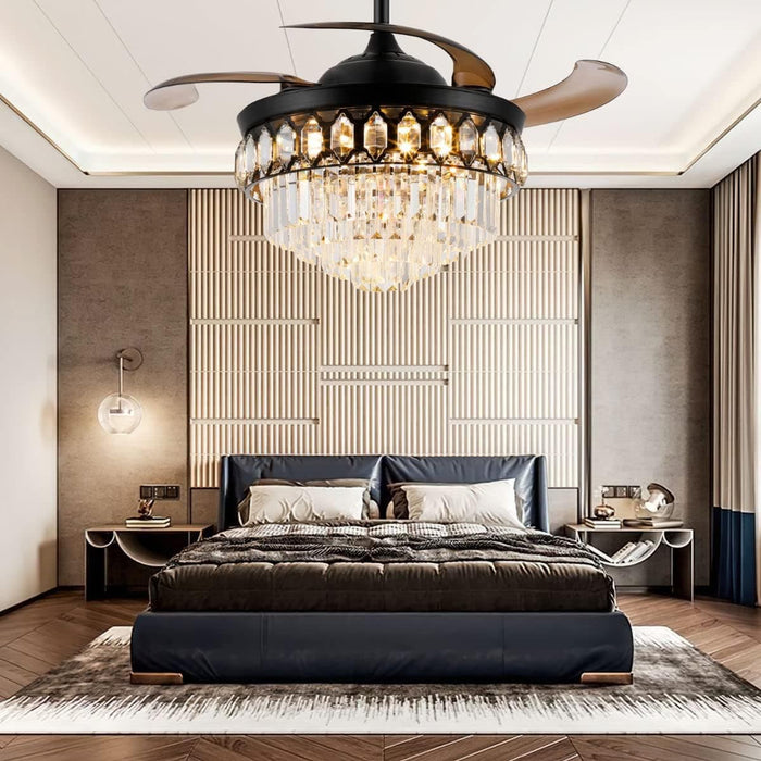 48 in. Black Invisible Chandelier Ceiling Fan with Light and Remote Control, Retractable Modern Fandelier, LED Dimmable Crystal Ceiling Fan for Living Room-2-ErisView