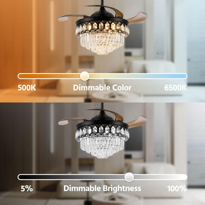 48 in. Black Invisible Chandelier Ceiling Fan with Light and Remote Control, Retractable Modern Fandelier, LED Dimmable Crystal Ceiling Fan for Living Room-3-ErisView