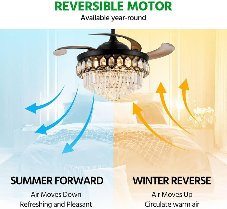 48 in. Black Invisible Chandelier Ceiling Fan with Light and Remote Control, Retractable Modern Fandelier, LED Dimmable Crystal Ceiling Fan for Living Room-4-ErisView
