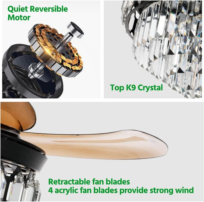 48 in. Black Invisible Chandelier Ceiling Fan with Light and Remote Control, Retractable Modern Fandelier, LED Dimmable Crystal Ceiling Fan for Living Room-6-ErisView