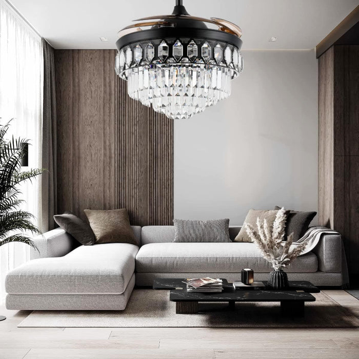 48 in. Black Invisible Chandelier Ceiling Fan with Light and Remote Control, Retractable Modern Fandelier, LED Dimmable Crystal Ceiling Fan for Living Room-7-ErisView