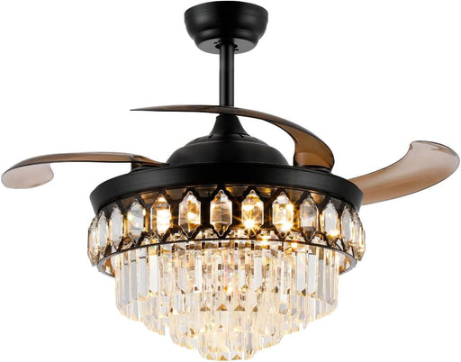 48 in. Black Invisible Chandelier Ceiling Fan with Light and Remote Control, Retractable Modern Fandelier, LED Dimmable Crystal Ceiling Fan for Living Room-1-ErisView