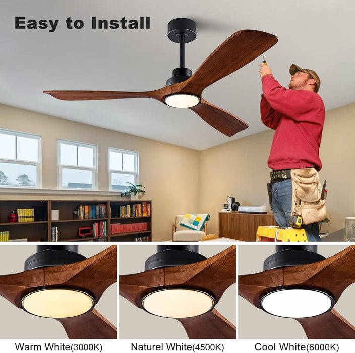 48 in. Black Wood Ceiling Fan with Light and Remote Control, Indoor Outdoor Dark Walnut Wood 3 Blades Ceiling Fan for Patio Living Room Bedroom Office-11-ErisView