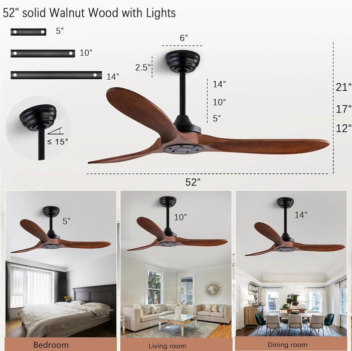 48 in. Black Wood Ceiling Fan with Light and Remote Control, Indoor Outdoor Dark Walnut Wood 3 Blades Ceiling Fan for Patio Living Room Bedroom Office-30-ErisView