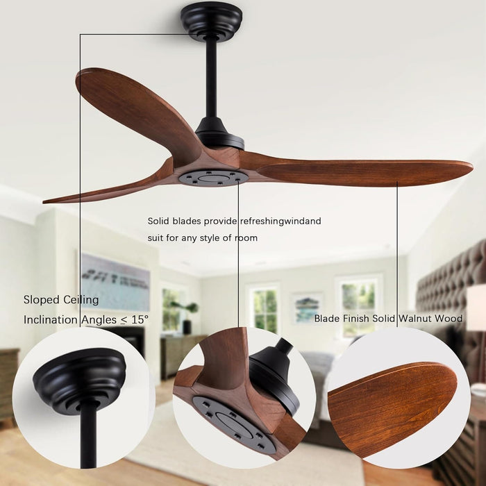 48 in. Black Wood Ceiling Fan with Light and Remote Control, Indoor Outdoor Dark Walnut Wood 3 Blades Ceiling Fan for Patio Living Room Bedroom Office-33-ErisView